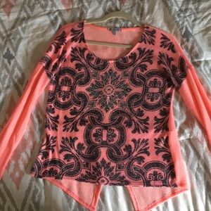 Coral Slit Back Sequin Printed Long Sleeve Top